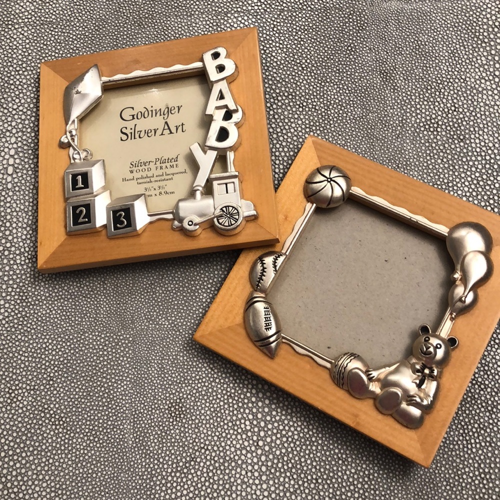 BABY 2 Picture Frames Silver Plated Wood Frame Hand Polished Lacquered 3.5”x3.5”